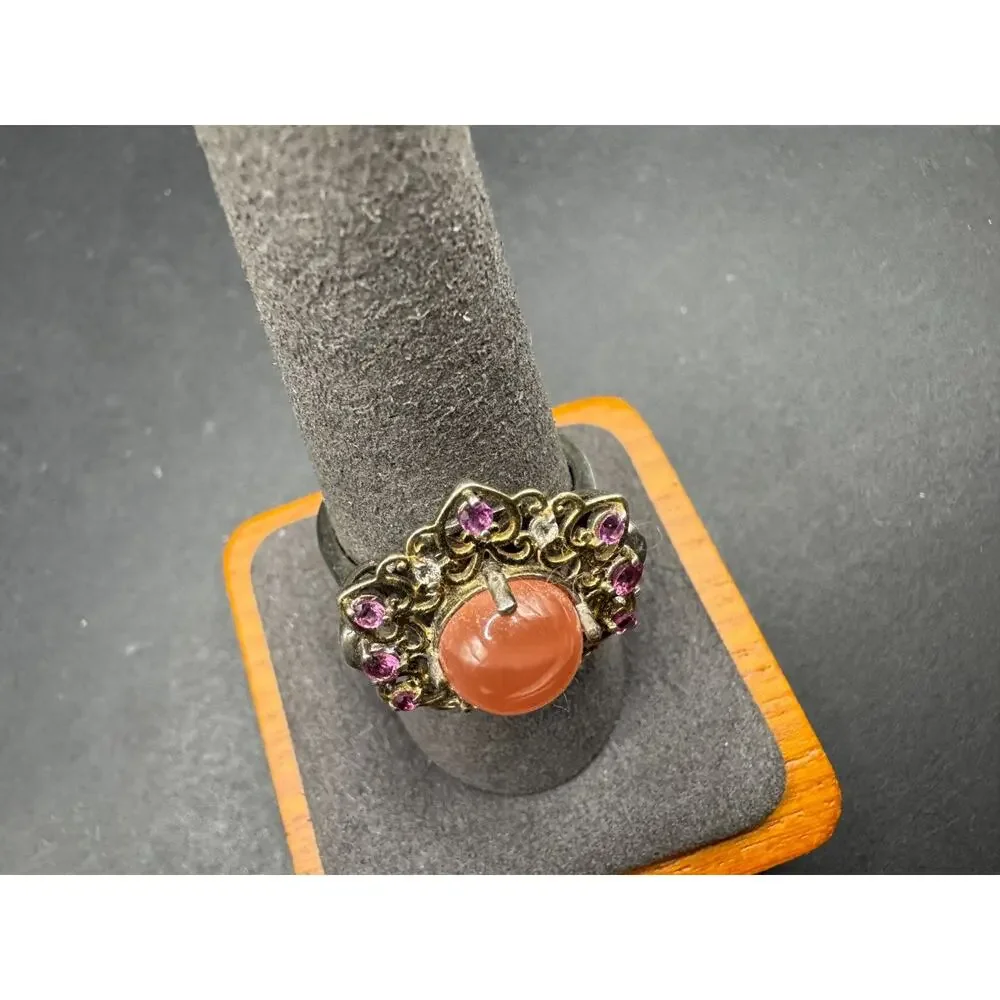 STS Chuck Clemency Sterling Silver Gold Tone Peach Moonstone Rhodolite Ring Sz 9